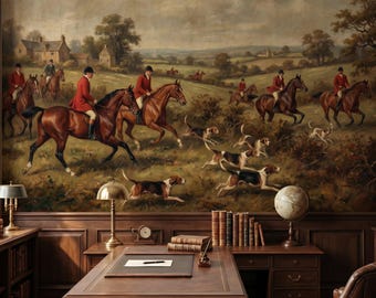 Papel de parede adesivo removível com cena equestre vintage, incluindo cavalo caçando raposa. Paisagem campestre inglesa.