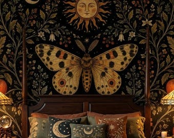 Papel de Parede Vintage com Mariposas, Mural de Parede Adesivo com Estampa Botânica Celestial, Vinil Decorativo para Parede em Estilo Cottagecore Escuro