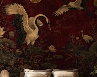 Red Crane Wallpaper, Peel and Stick Oriental Bird Wall Mural, Japanese Lotus Wall Decor, Vintage Nature Wall Art