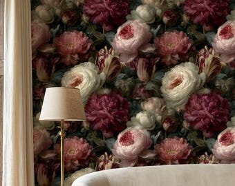 Papel de parede floral romântico de luxo, mural adesivo vitoriano com peônias, mural de parede vintage botânico rosa e branco em tecido não tecido.