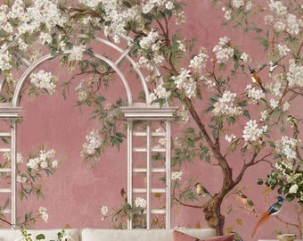 Murale florale chinoiserie rose, papier peint autocollant Blossom Garden, décoration murale amovible botanique, art mural en vinyle oiseau