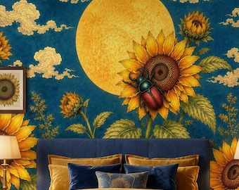 Papel de Parede Autoadesivo com Girassóis e Lua, Mural de Parede Floral Celestial em Vinil Não Tecido, Decoração Botânica para Paredes à Prova d'Água