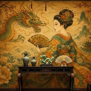 Japanese Geisha Peel and Stick Wallpaper, Dragon Floral Non Woven Wall Mural, Oriental Vinyl Wall Decor