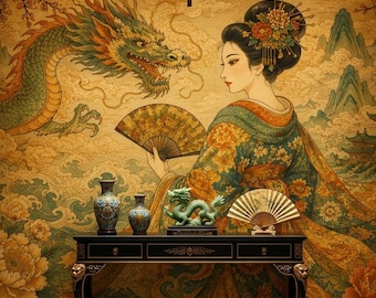 Japanese Geisha Peel and Stick Wallpaper, Dragon Floral Non Woven Wall Mural, Oriental Vinyl Wall Decor