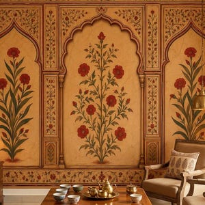 Mughal Red Floral Wallpaper, Indian Botanical Arch Wall Mural, Peel and Stick Vintage Decor, Non Woven Wallpaper