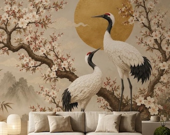 Papel de parede com garça japonesa, mural de parede oriental com flor de cerejeira, decoração de parede asiática autoadesiva, arte zen da natureza.