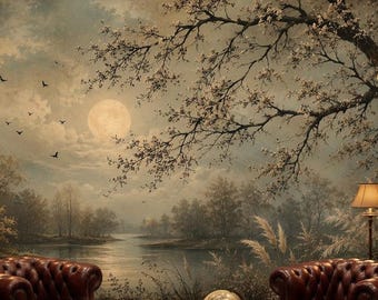 Moody Moonlight Landscape Wall Mural, Dark River Peel and Stick Wallpaper, Nature Non Woven Mural, Vintage Night Vinyl Wall Decor