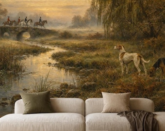 Vintage Hunting Scene Wallpaper, Countryside Dogs Wall Mural, Peel and Stick Rustic Wall Decor, English Landscape Wall Art