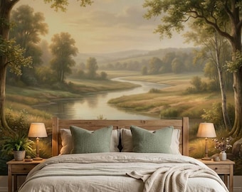 Papel de parede com paisagem de bosque, mural de parede com suave prado campestre e rio, decoração de parede rústica e natural autoadesiva.