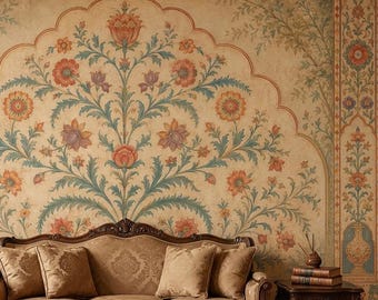 Vintage indische Blumentapete, traditionelles Mughal schalendes und Stock-Wandbild, botanisches Erbwanddekor