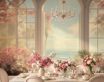 Luxury Coastal Landscape Wallpaper, Tropical Ocean Wall Mural, Pink Floral Peel and Stick Decor, Beach House Wall Art