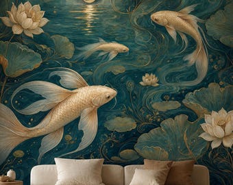White Koi Wallpaper, Lotus Pond Wall Mural, Peel and Stick Botanical Wall Decor, Oriental Fish Wall Art
