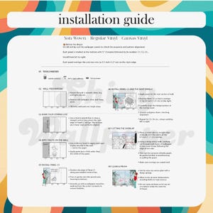 May include: An installation guide for non-woven, regular vinyl, and canvas vinyl wallpaper. The document features eight numbered steps with text instructions and diagrams, detailing wall preparation, panel alignment, and a 0.5 inch overlap.