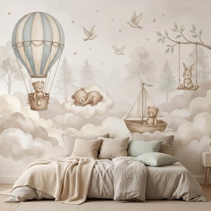 Cloud Teddy Bear Nursery Wallpaper Peel Stick Baby Room Mural Sky Kids Room Decor