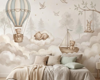 Cloud Teddy Bear Nursery Wallpaper Peel Stick Baby Room Mural Sky Kids Room Decor