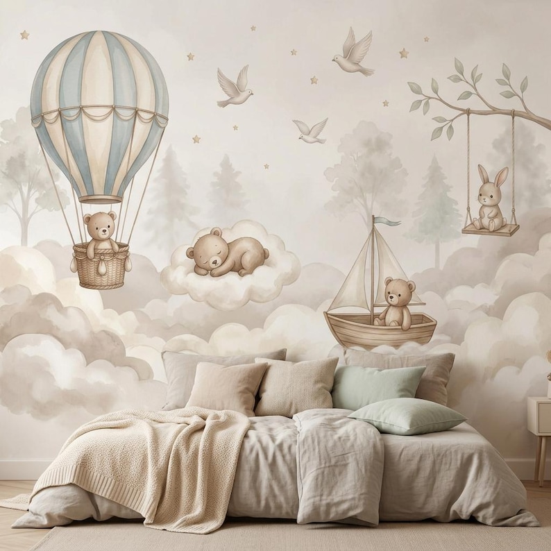 Cloud Teddy Bear Nursery Wallpaper Peel Stick Baby Room Mural Sky Kids Room Decor