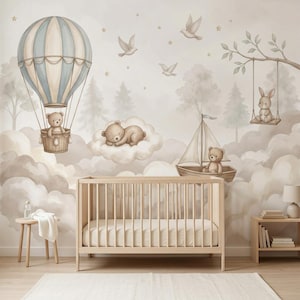 Cloud Teddy Bear Nursery Wallpaper Peel Stick Baby Room Mural Sky Kids Room Decor