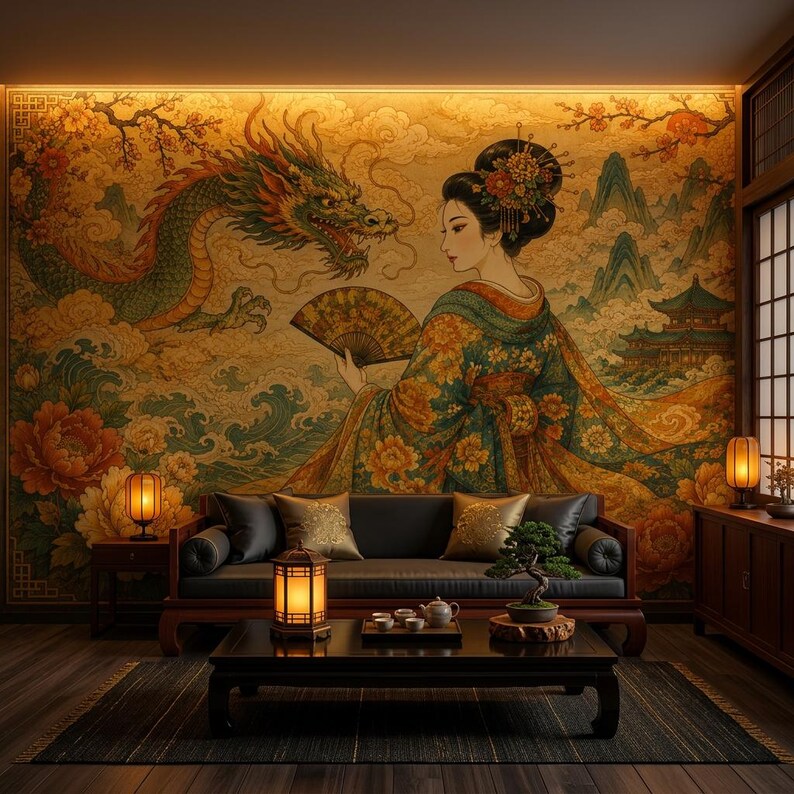 Japanese Geisha Peel and Stick Wallpaper, Dragon Floral Non Woven Wall Mural, Oriental Vinyl Wall Decor