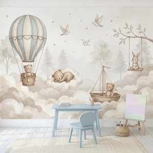 Cloud Teddy Bear Nursery Wallpaper Peel Stick Baby Room Mural Sky Kids Room Decor