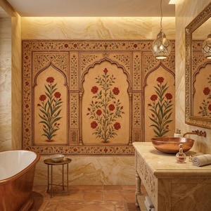 Mughal Red Floral Wallpaper, Indian Botanical Arch Wall Mural, Peel and Stick Vintage Decor, Non Woven Wallpaper