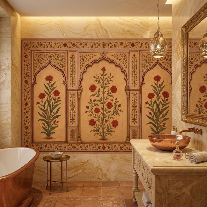 Mughal Red Floral Wallpaper, Indian Botanical Arch Wall Mural, Peel and Stick Vintage Decor, Non Woven Wallpaper