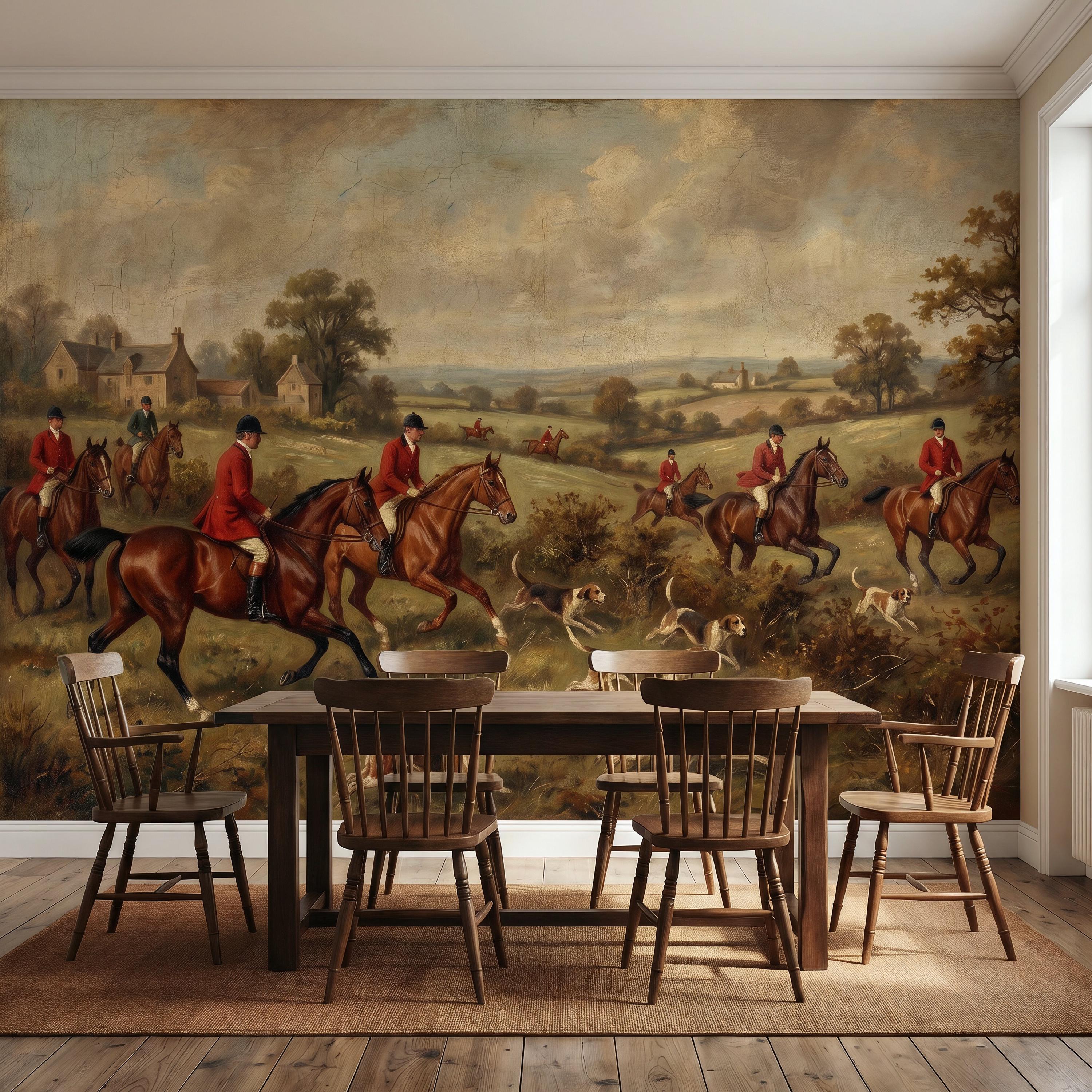 Vintage Equestrian Scene Wall Mural Horse Fox Hunting Peel Stick ...