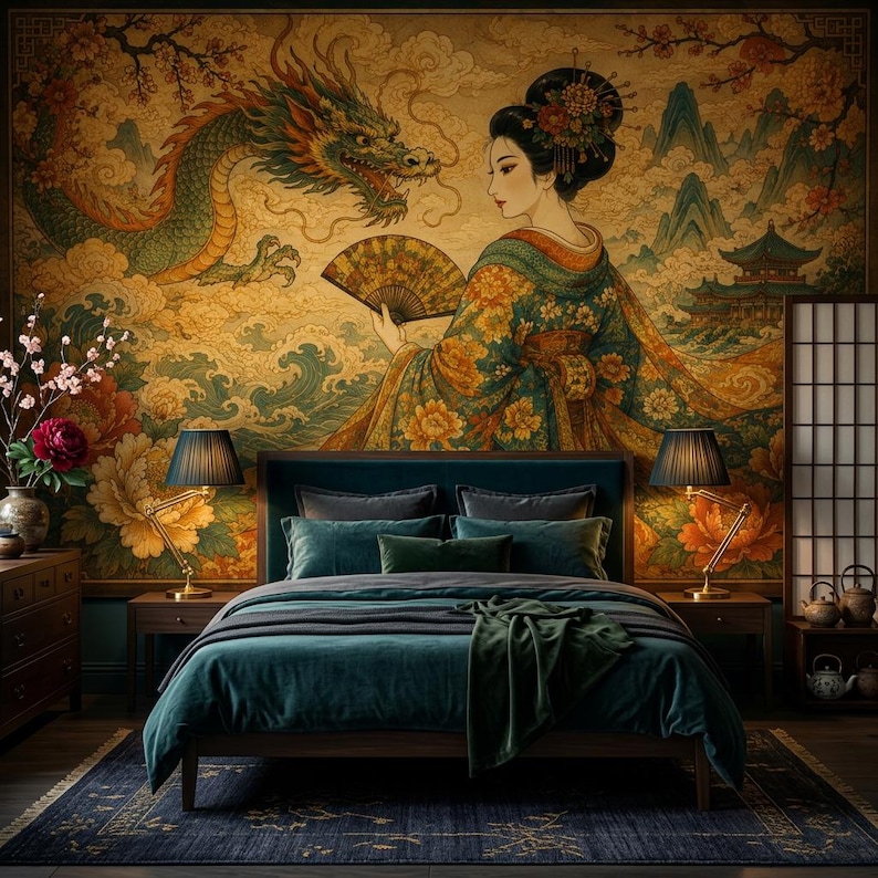 Japanese Geisha Peel and Stick Wallpaper, Dragon Floral Non Woven Wall Mural, Oriental Vinyl Wall Decor