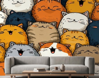 Cartoon Katze Schälen und Stick Wandbild, Entfernbare Tapete mit Tiermotiven