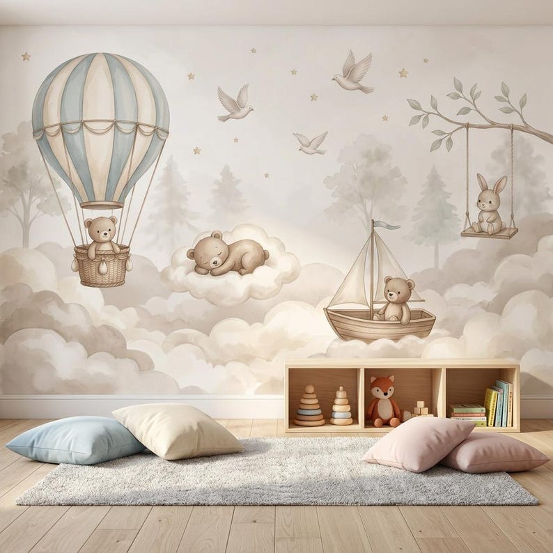 Cloud Teddy Bear Nursery Wallpaper Peel Stick Baby Room Mural Sky Kids Room Decor