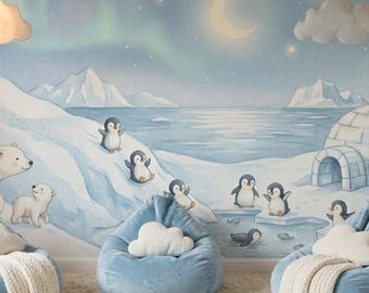 Papel de parede para quarto de bebê com pinguins, mural de parede com urso polar no Ártico, papel de parede adesivo em aquarela, decoração removível para quarto de bebê.