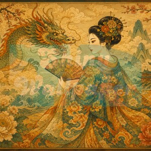 Japanese Geisha Peel and Stick Wallpaper, Dragon Floral Non Woven Wall Mural, Oriental Vinyl Wall Decor