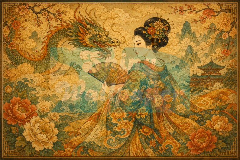 Japanese Geisha Peel and Stick Wallpaper, Dragon Floral Non Woven Wall Mural, Oriental Vinyl Wall Decor