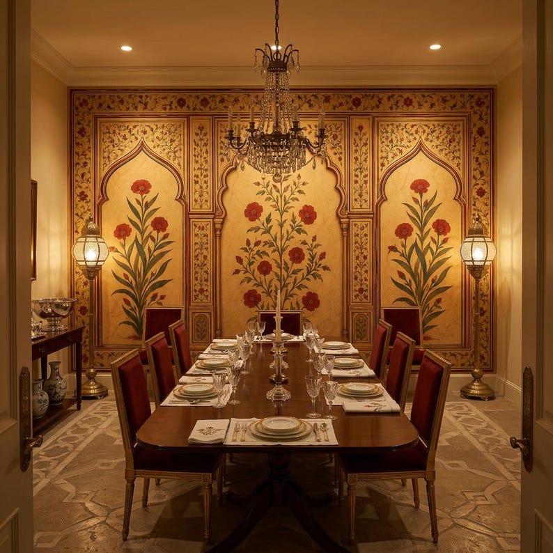 Mughal Red Floral Wallpaper, Indian Botanical Arch Wall Mural, Peel and Stick Vintage Decor, Non Woven Wallpaper