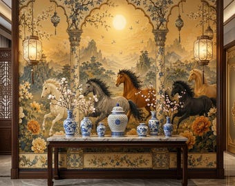 Chinoiserie-Stil Pferd Wandbild, Gold Floral asiatische Tapete, Peel Stick Vintage Pferde Vinyl Wanddekor, Nicht gewebtes Wandbild