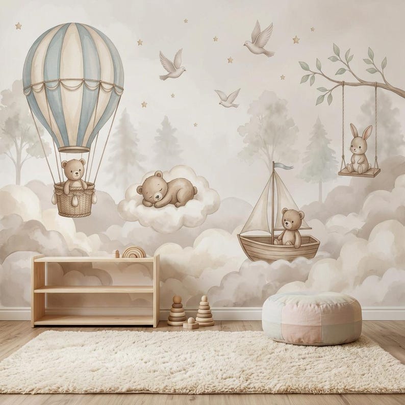 Cloud Teddy Bear Nursery Wallpaper Peel Stick Baby Room Mural Sky Kids Room Decor