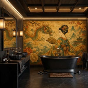 Japanese Geisha Peel and Stick Wallpaper, Dragon Floral Non Woven Wall Mural, Oriental Vinyl Wall Decor