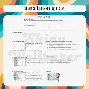 May include: An installation guide for peel and stick wallpaper featuring seven steps. The document includes instructions for wall preparation, marking a starting line, applying panels with a 0.5 inch overlap, and trimming edges for a finished look.