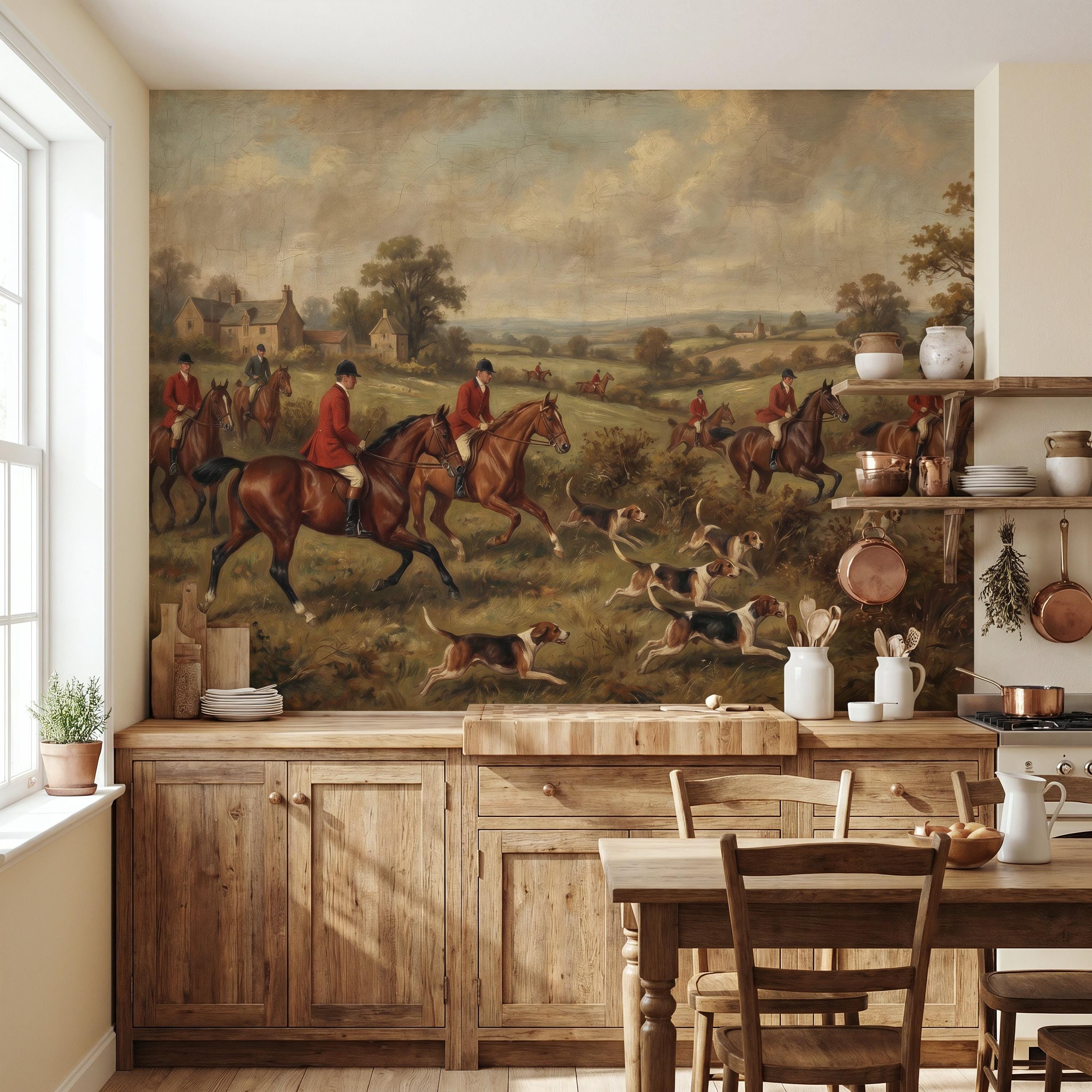 Vintage Equestrian Scene Wall Mural Horse Fox Hunting Peel Stick ...
