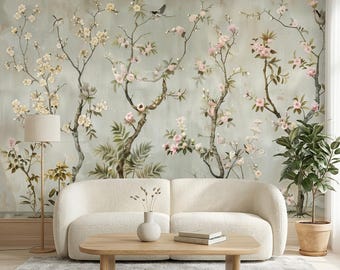 Blommig Chinoiserie Tapet Fågel Skalbar Och Självhäftande Fototapet Körsbärsblom Avtagbar Fototapet