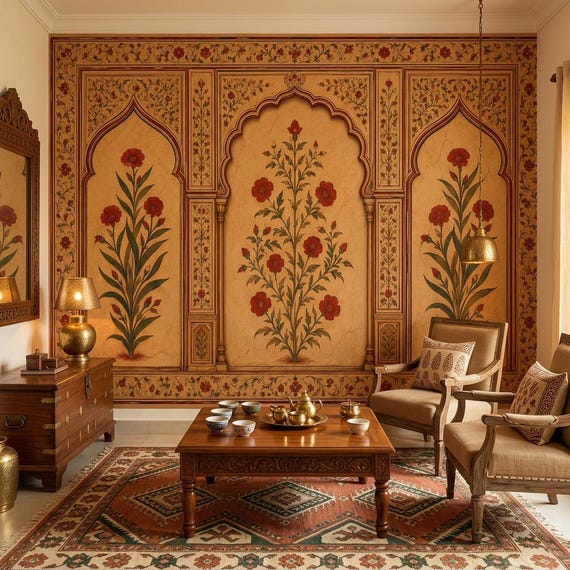 Mughal Red Floral Wallpaper, Indian Botanical Arch Wall Mural, Peel and Stick Vintage Decor, Non Woven Wallpaper
