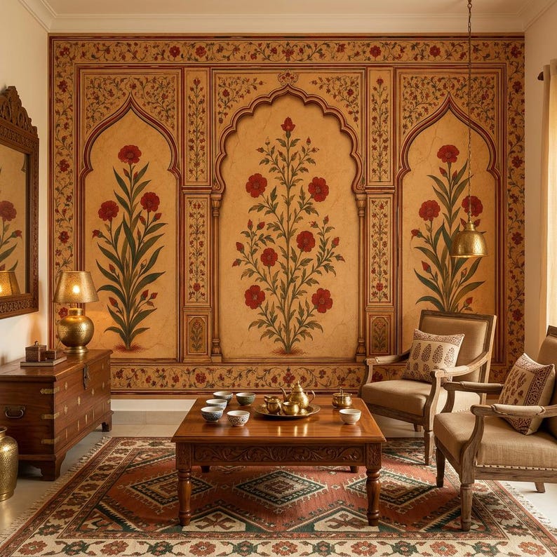 Mughal Red Floral Wallpaper, Indian Botanical Arch Wall Mural, Peel and Stick Vintage Decor, Non Woven Wallpaper
