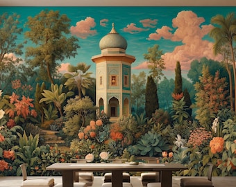 Jaipur Garden Mughal Mural Peel and Stick Indian Wallpaper Non Woven Botanical Wall Paper