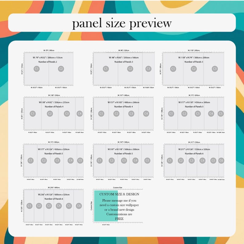 May include: A panel size preview chart for wallpaper featuring multiple rectangular diagrams with dimensions in inches and centimeters, labeled with panel counts from 2 to 6, and a text box offering custom size and design options for wallpaper.