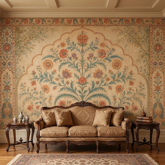 Vintage Indian Floral Wallpaper, Traditional Mughal Peel and Stick Wall Mural, Botanical Heritage Wall Decor