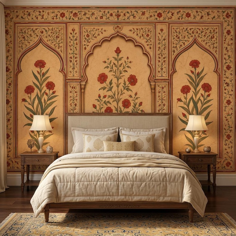 Mughal Red Floral Wallpaper, Indian Botanical Arch Wall Mural, Peel and Stick Vintage Decor, Non Woven Wallpaper