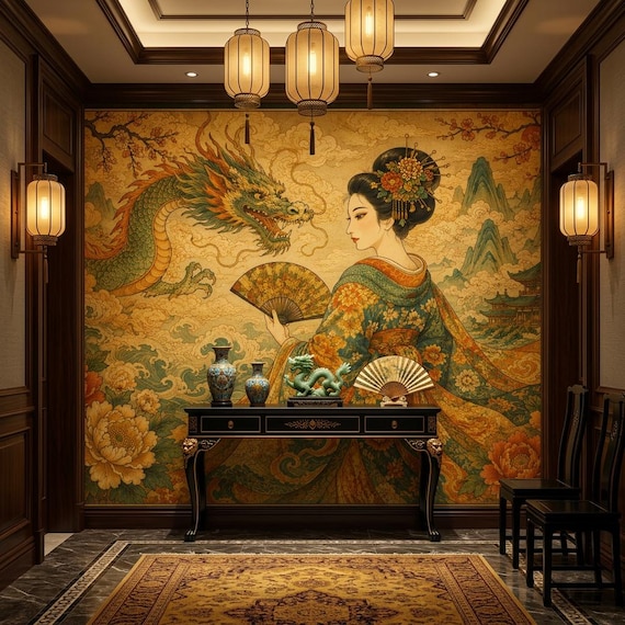 Japanese Geisha Peel and Stick Wallpaper, Dragon Floral Non Woven Wall Mural, Oriental Vinyl Wall Decor