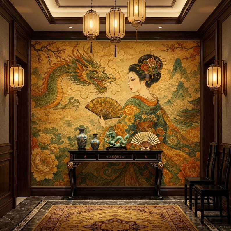 Japanese Geisha Peel and Stick Wallpaper, Dragon Floral Non Woven Wall Mural, Oriental Vinyl Wall Decor