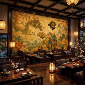 Japanese Geisha Peel and Stick Wallpaper, Dragon Floral Non Woven Wall Mural, Oriental Vinyl Wall Decor