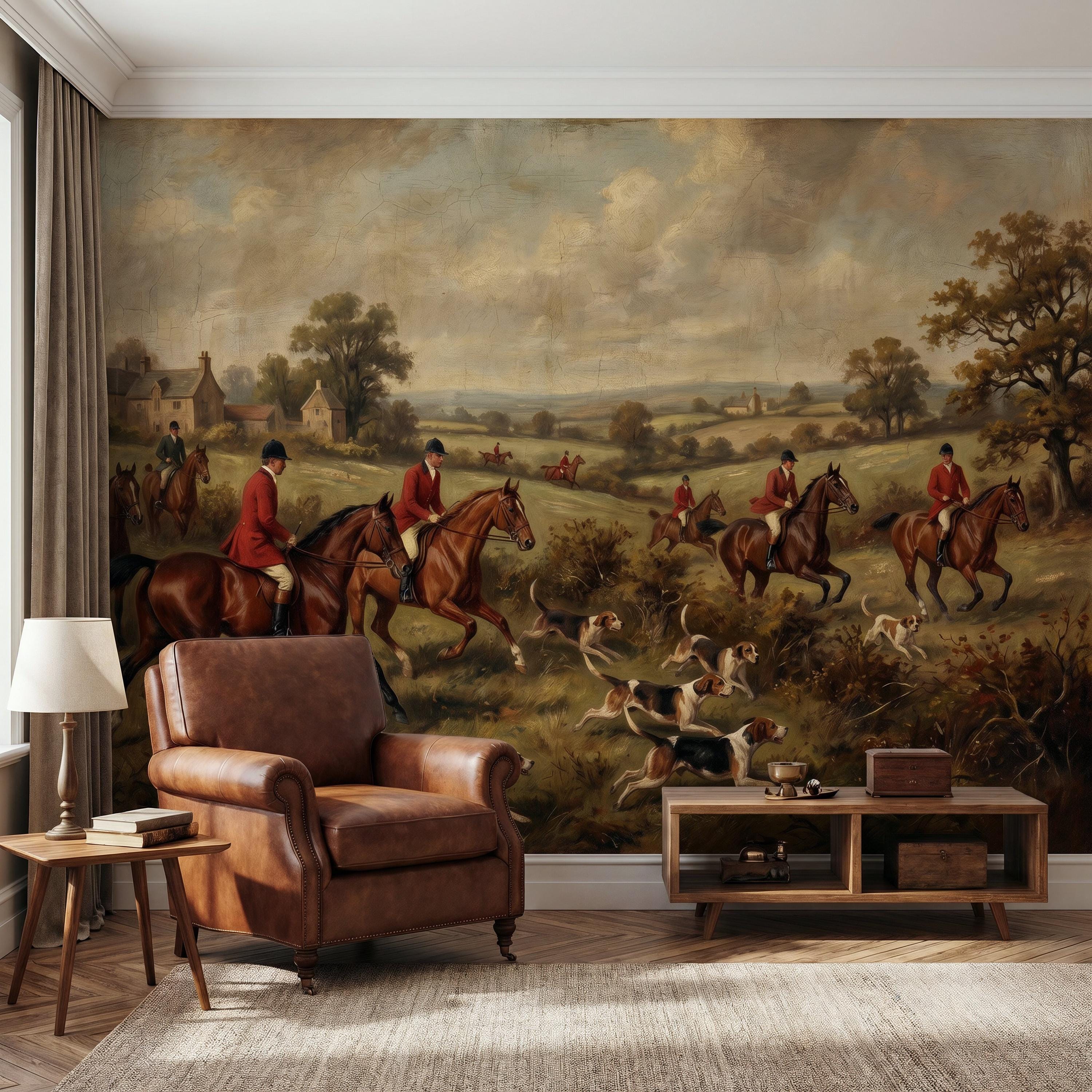 Vintage Equestrian Scene Wall Mural Horse Fox Hunting Peel Stick ...