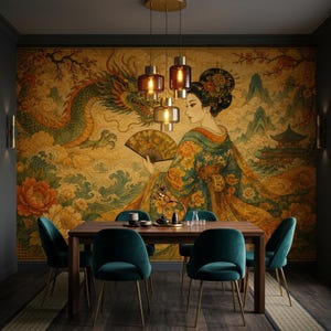 Japanese Geisha Peel and Stick Wallpaper, Dragon Floral Non Woven Wall Mural, Oriental Vinyl Wall Decor